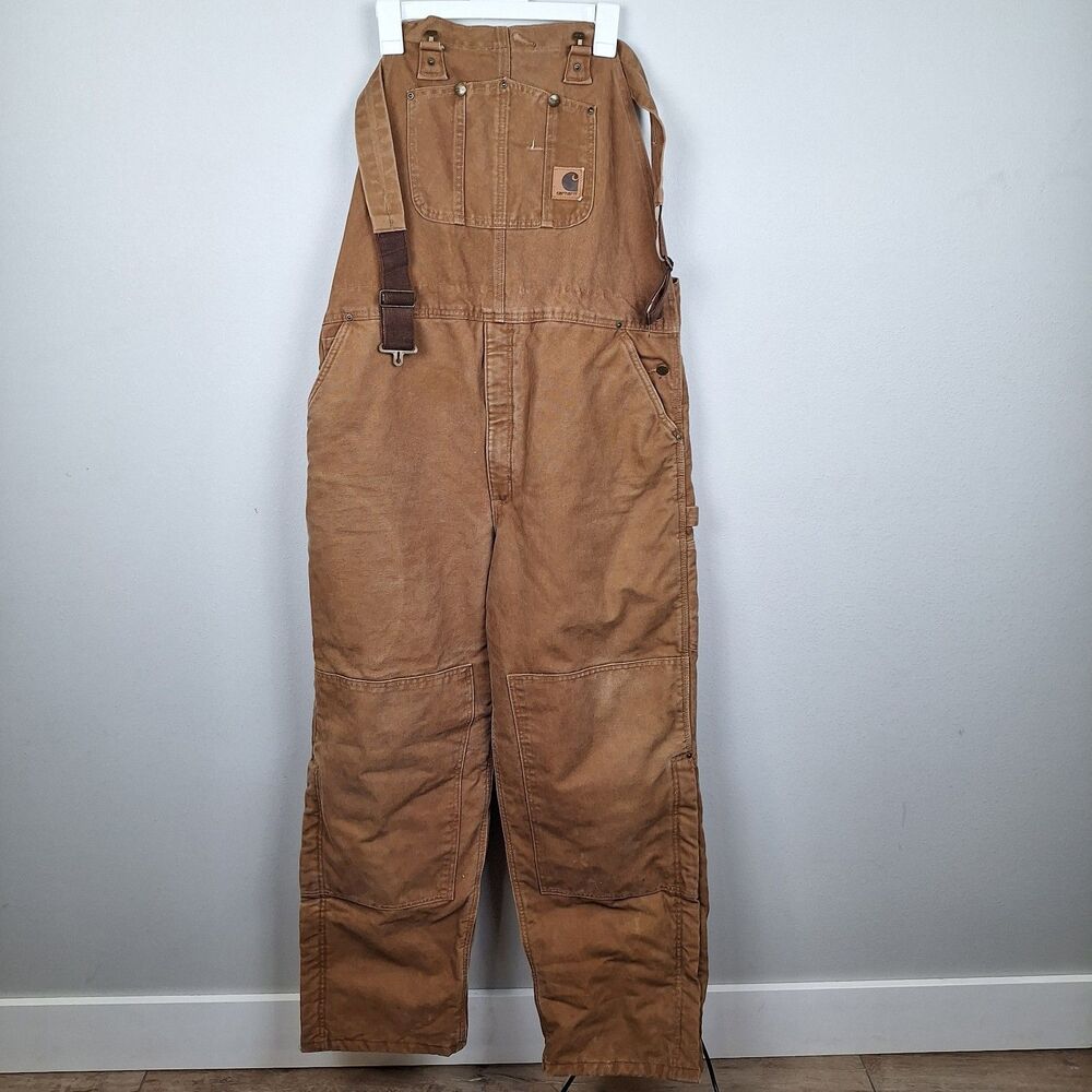 Vintage Carhartt Double Knee Canvas Bib Overalls Mens Size 44x32 R27 BRN